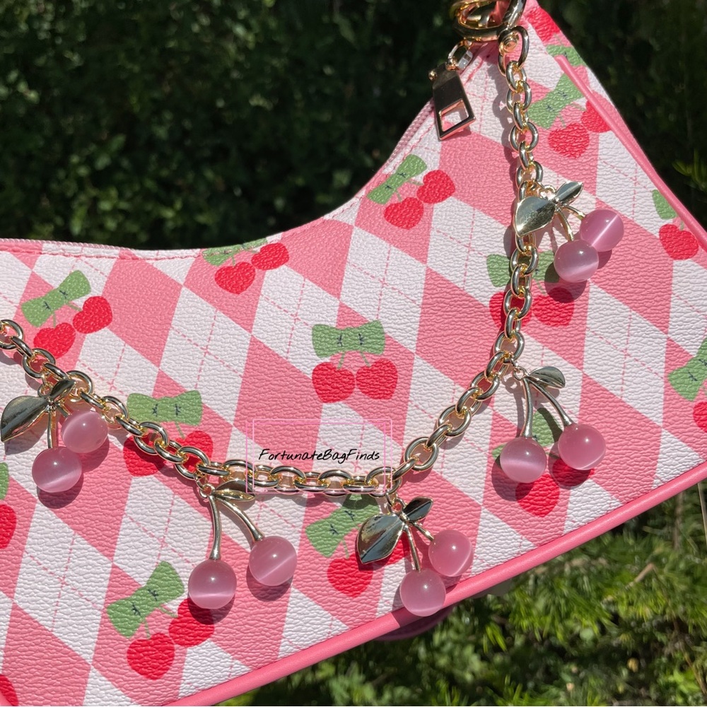 Pink Crystal Cherry Bag Charm Chain Novelty Purse Strap Baby Pink Cherries Charm - Picture 4 of 14